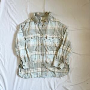 blue, neutral and grey plaid print cotton blend button up flannel